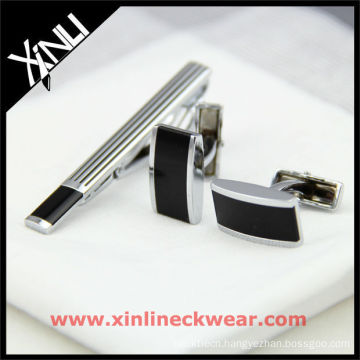 Silver Black Men Tie Bar Cufflink, Cuff Link and Tie Clip Sets